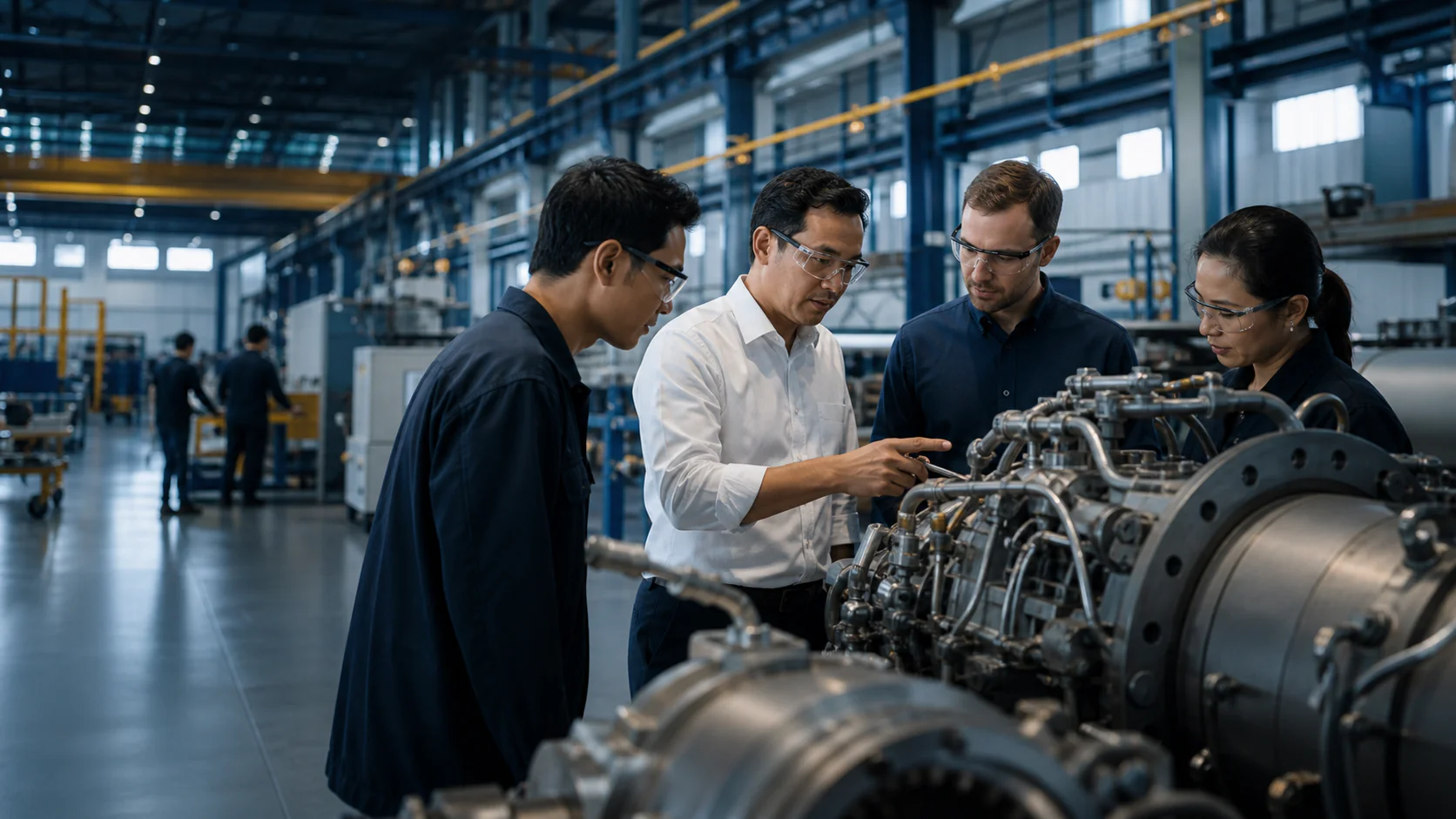 Engineering specialists collaborating on industrial equipment